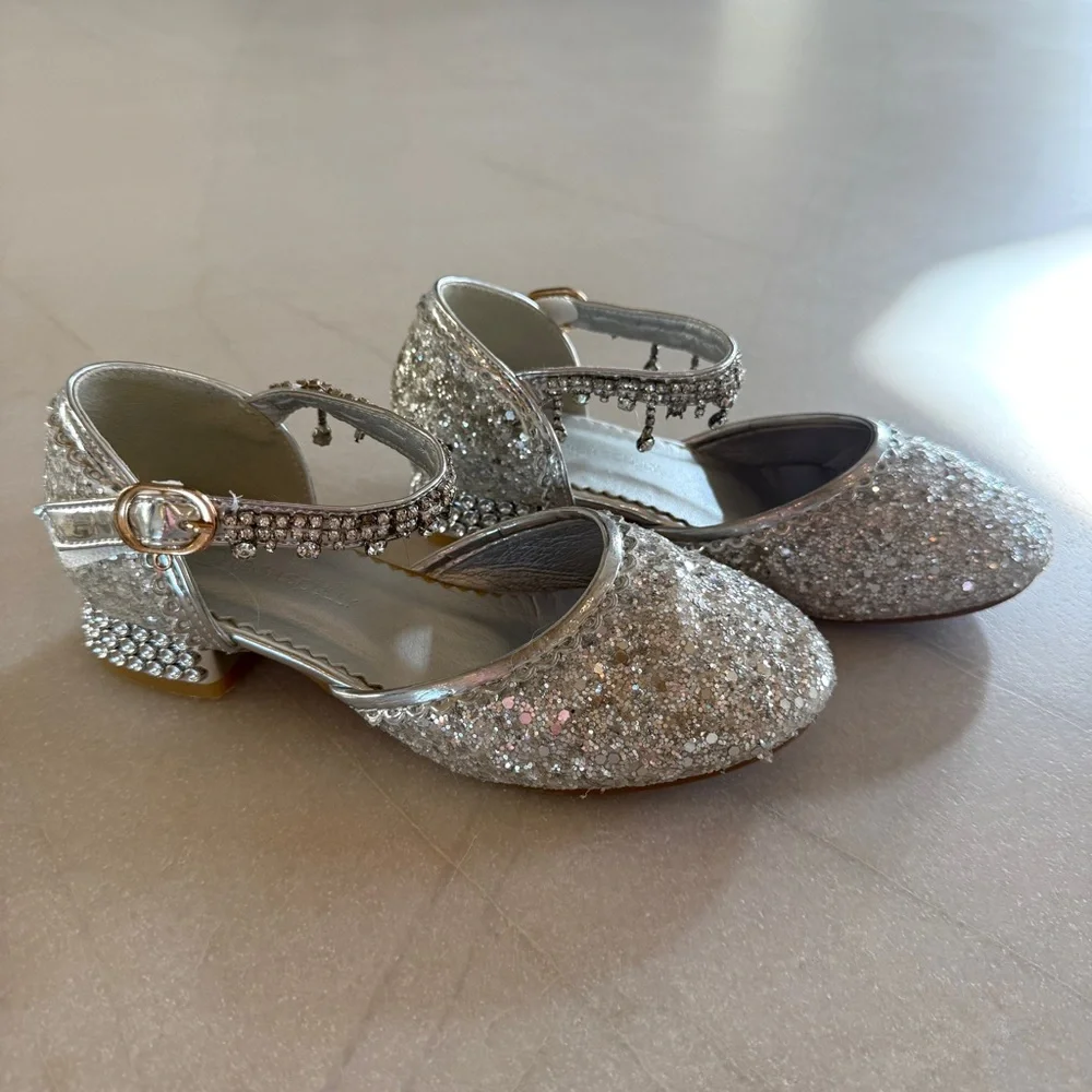 Trish Scully Miss Rodeo Silver Glitter Dress Shoes Girls Size 12 Jeweled Strap